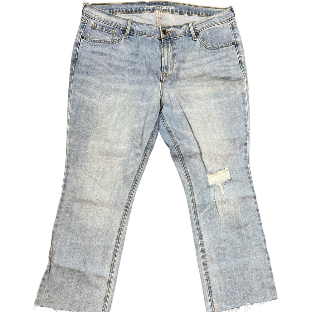 Old Navy Flare Jeans Light Wash Distressed Raw‎ Hem Blue Denim Size 12 36x26